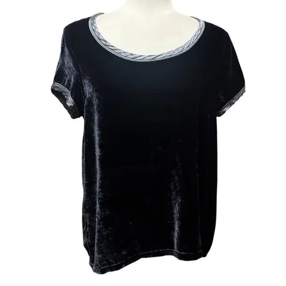 CP Shades Dark Blue Velvet Short Sleeve Top Rayon/Silk Blend Made in USA (S) - Picture 2 of 7